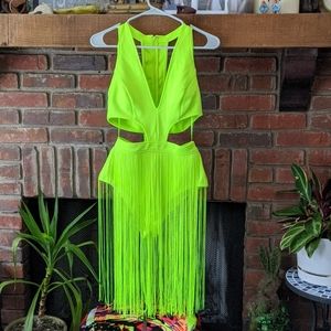 iheartraves Neon Yellow Cutout Fringe bodysuit